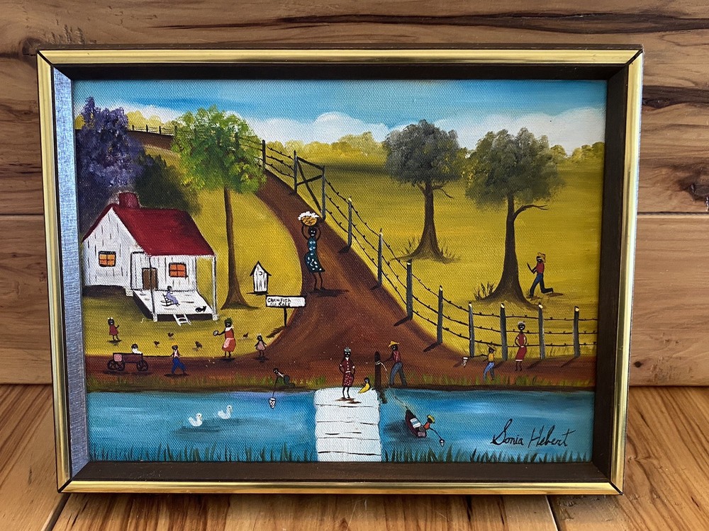 Vintage Original Haiti Haitian  Oil Painting Signed  Sonia Hebert Village Scene