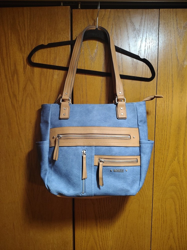 Gorgeous Tote Purse, Blue, Tan Leather Feel Rosetti, EUC, Multi Zipper, Pockets