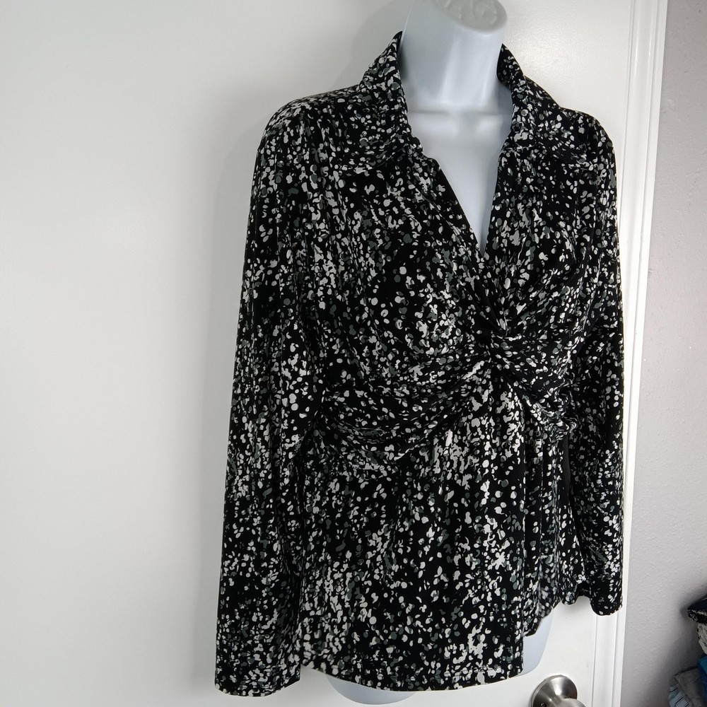 Nicole Miller Nicki Blouse Womens XL Black White Twist Front Collared Ruched