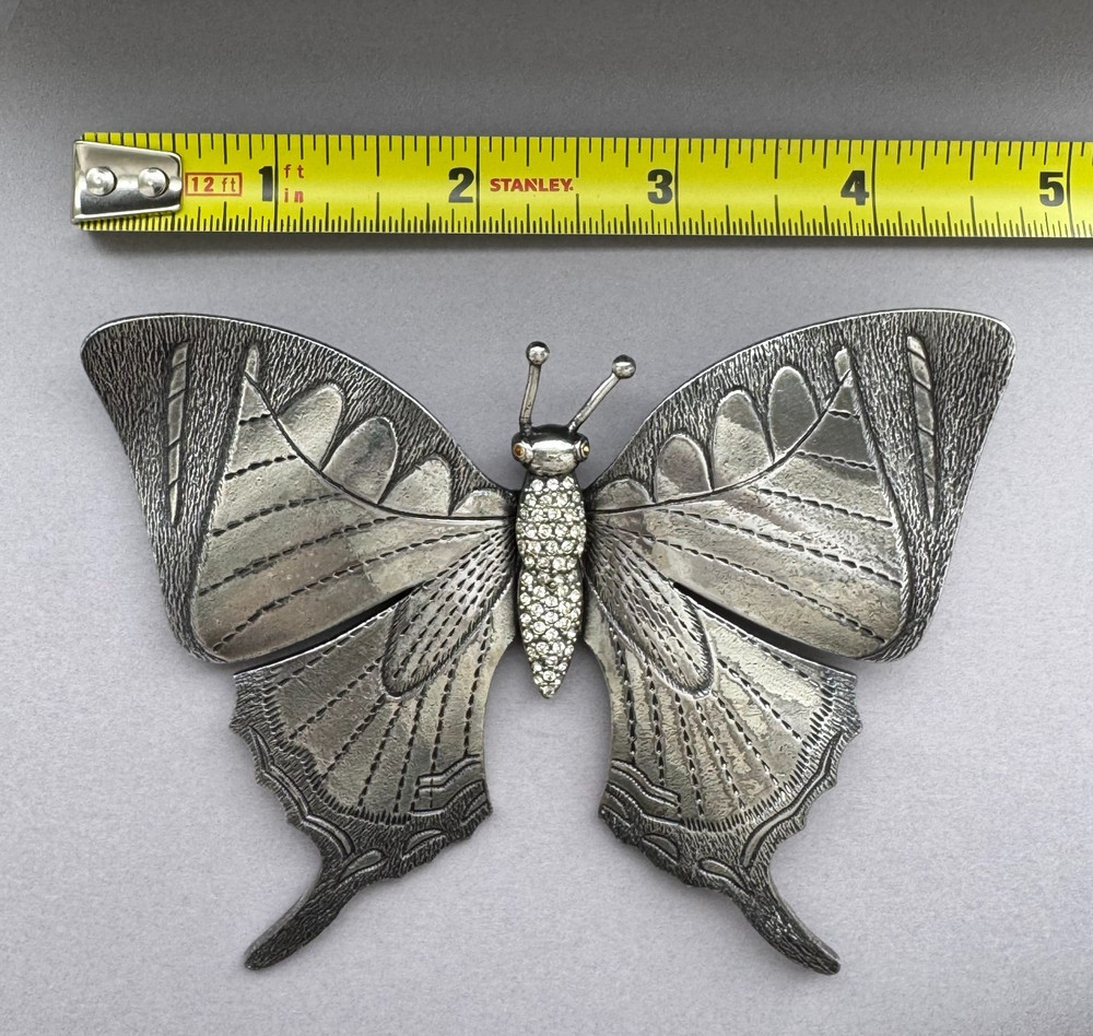Vintage Christian Dior Silver Plated Rhinestone Butterfly Brooch Pin