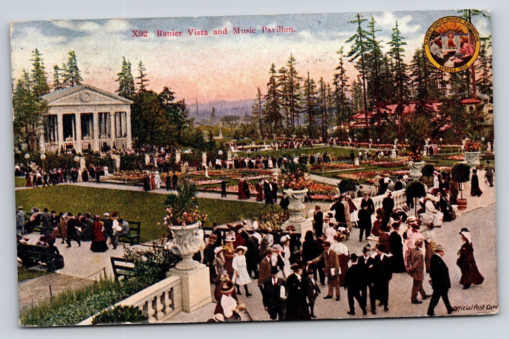 Seattle WA~Rainier Vista~Music Pavilion~People~Flowers~AYPE Expo~1909 Postcard