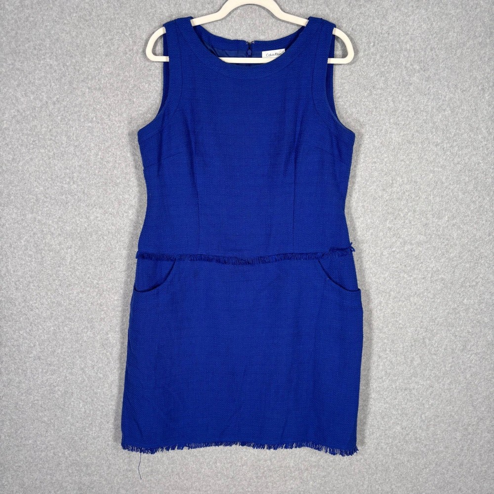 Calvin Klein Tweed Fringed Sheath Dress Size 14 Royal Blue Pocket Old Money