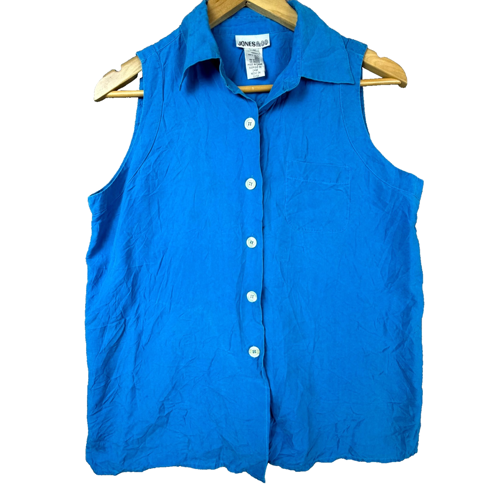 Vintage Jones & Co Blouse Top Womens Medium Blue 100% Silk Button Front Shell