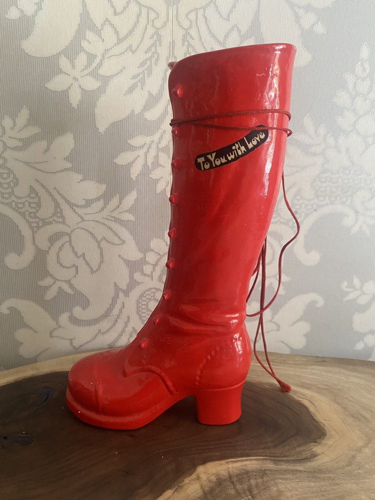 Vintage 1960s Red Ceramic Go-Go Boot Coin Bank – Mod Disco Pop Art Decor