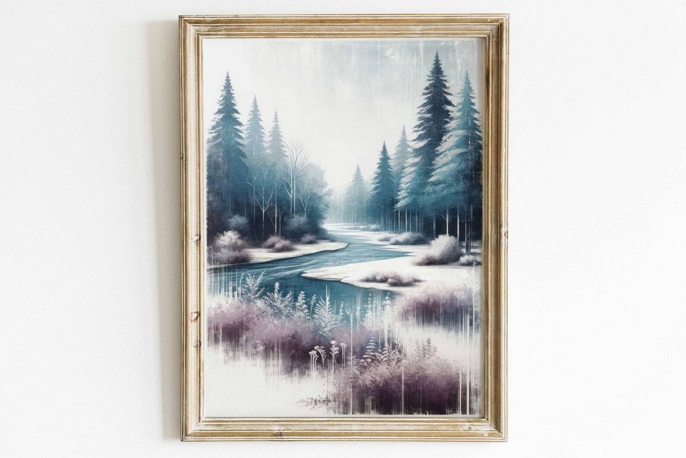 Forest Art Purple Teal Wall Decor River Print Tranquil Nature Painting Nature