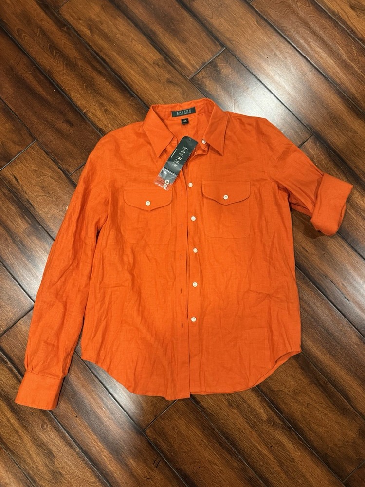 Lauren Ralph Lauren Linen Long Sleeve Button Down Orange Shirt Small NWT