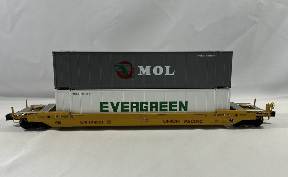 Lionel O Gauge Union Pacific 6-27809 Maxi Stack Evergreen + Mol Container Car