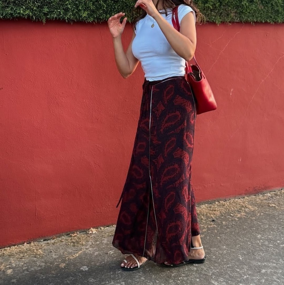 Zara Red Black Paisley Floral Chiffon High Rise Tie Wrap Maxi Skirt SM