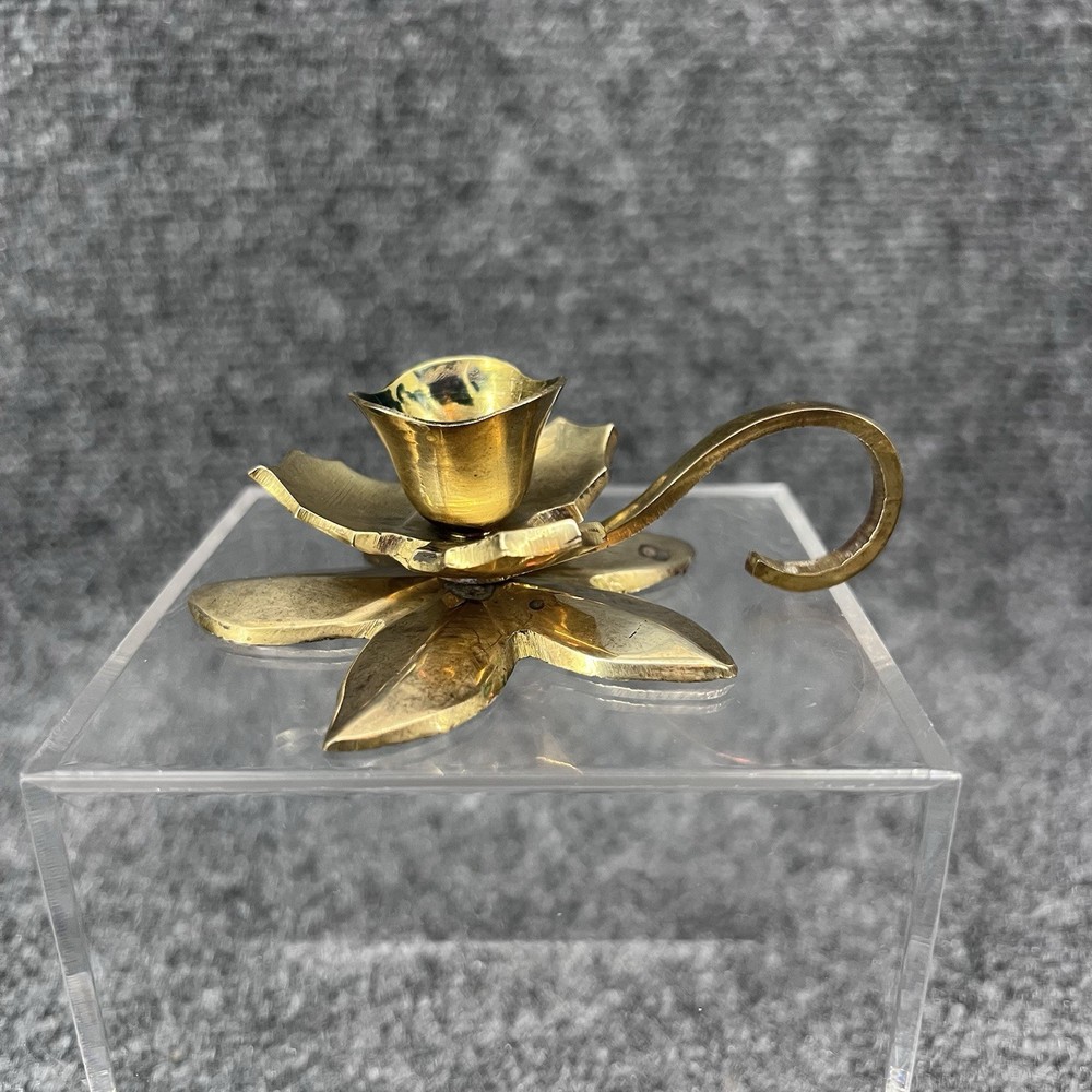 Vintage Solid Brass Lotus Flower Candle Candlestick Holder W/Handle Made India