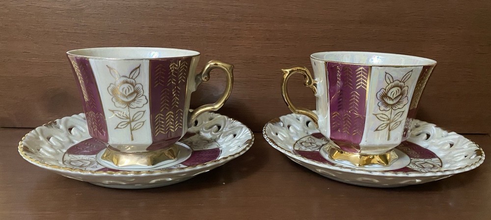 #1496 Set Of 2 Demitasse Cups/Saucers Gold White Magenta  Floral Design Japan