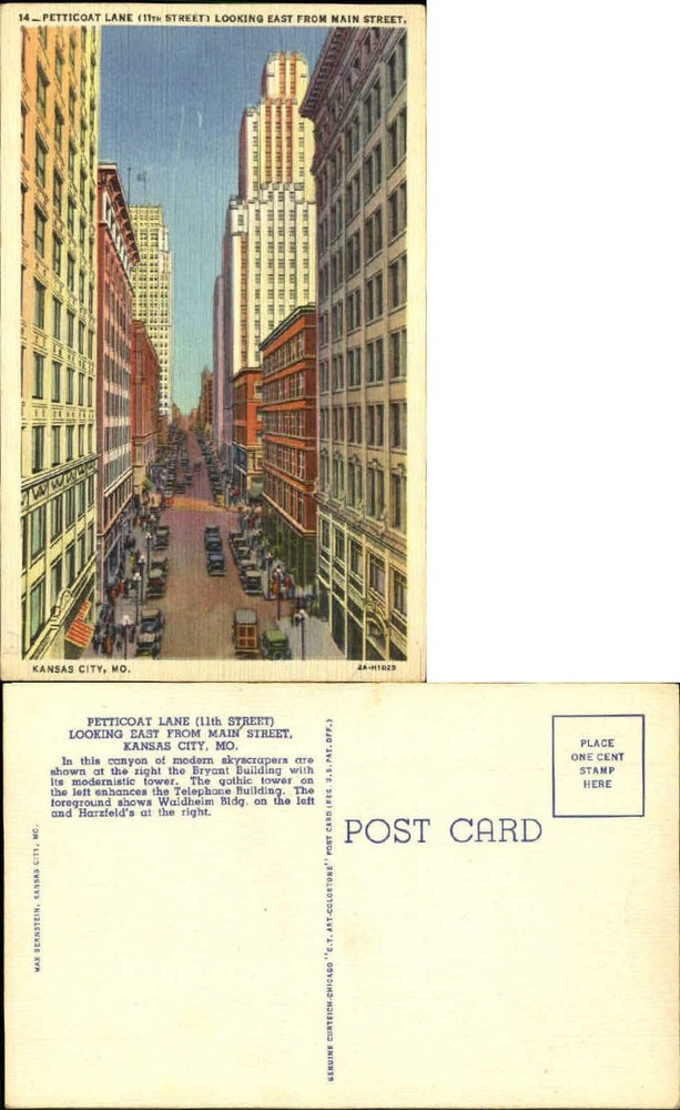Petticoat Lane (11th Street) from Main Street Kansas City MO 1940s postcard