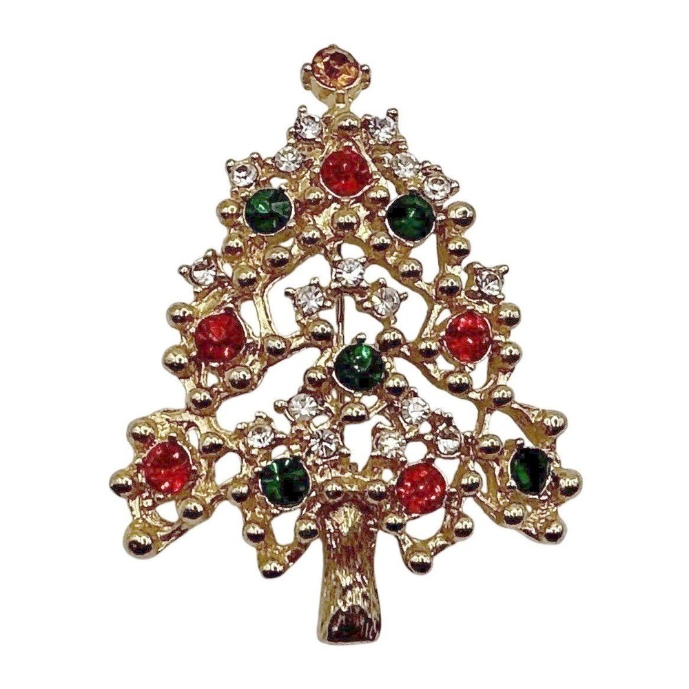 Vintage Christmas Tree Brooch Gold-Tone Red Green Rhinestone Holiday Pin Jewelry