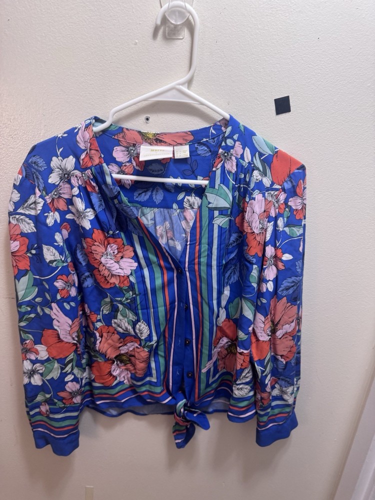 Maeve By Anthropologie Women’s 2 floral Elan Scarf Printed Mixed Media Blouse ￼