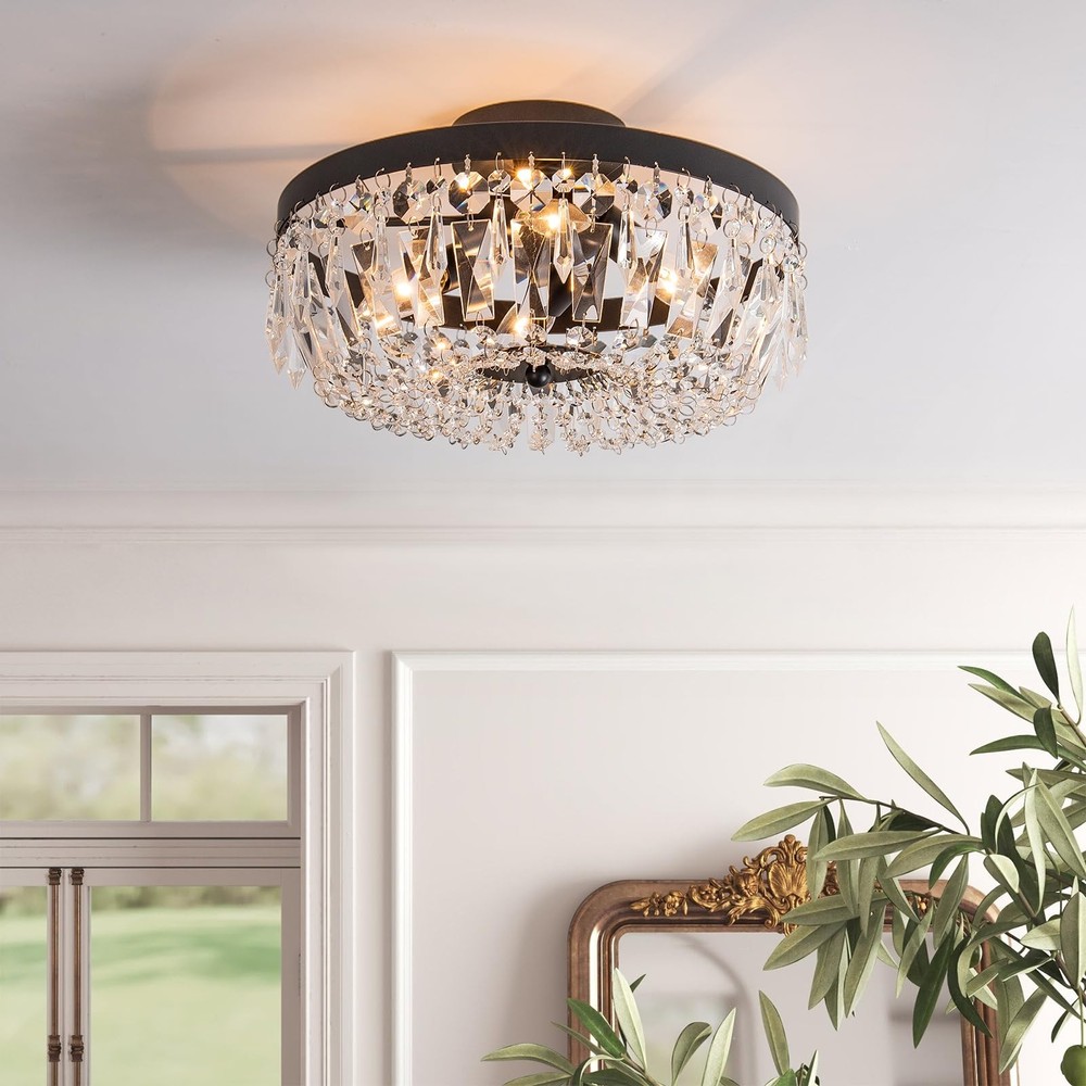 Black Crystal Semi-Flush Mount Ceiling Light Fixture 3-Light