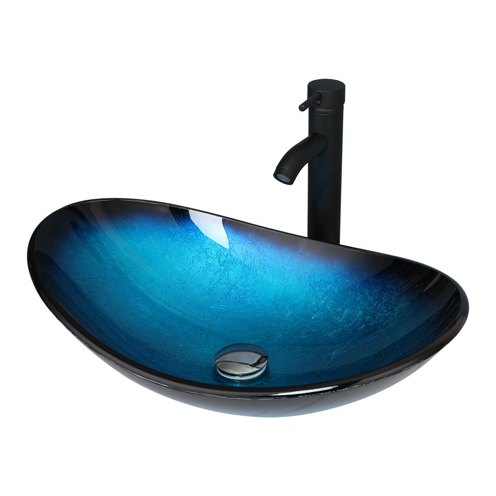 21-Inch Black Tempered Glass Oval Vessel Sink with Faucet Set