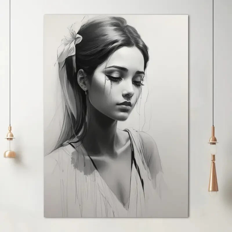 Black And White Melancholy Girl Wall Art  Canvas Unframed/Framed