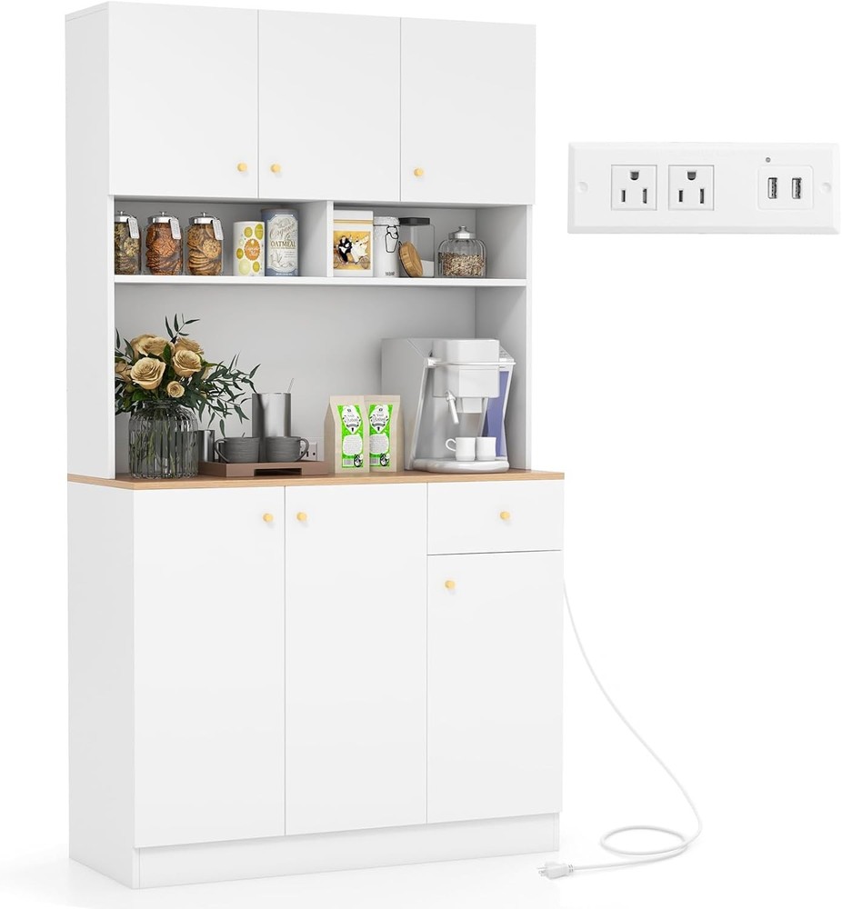 71-Inch Freestanding Kitchen Hutch Cabinet with Storage, Buffet & Built-In Outlets
