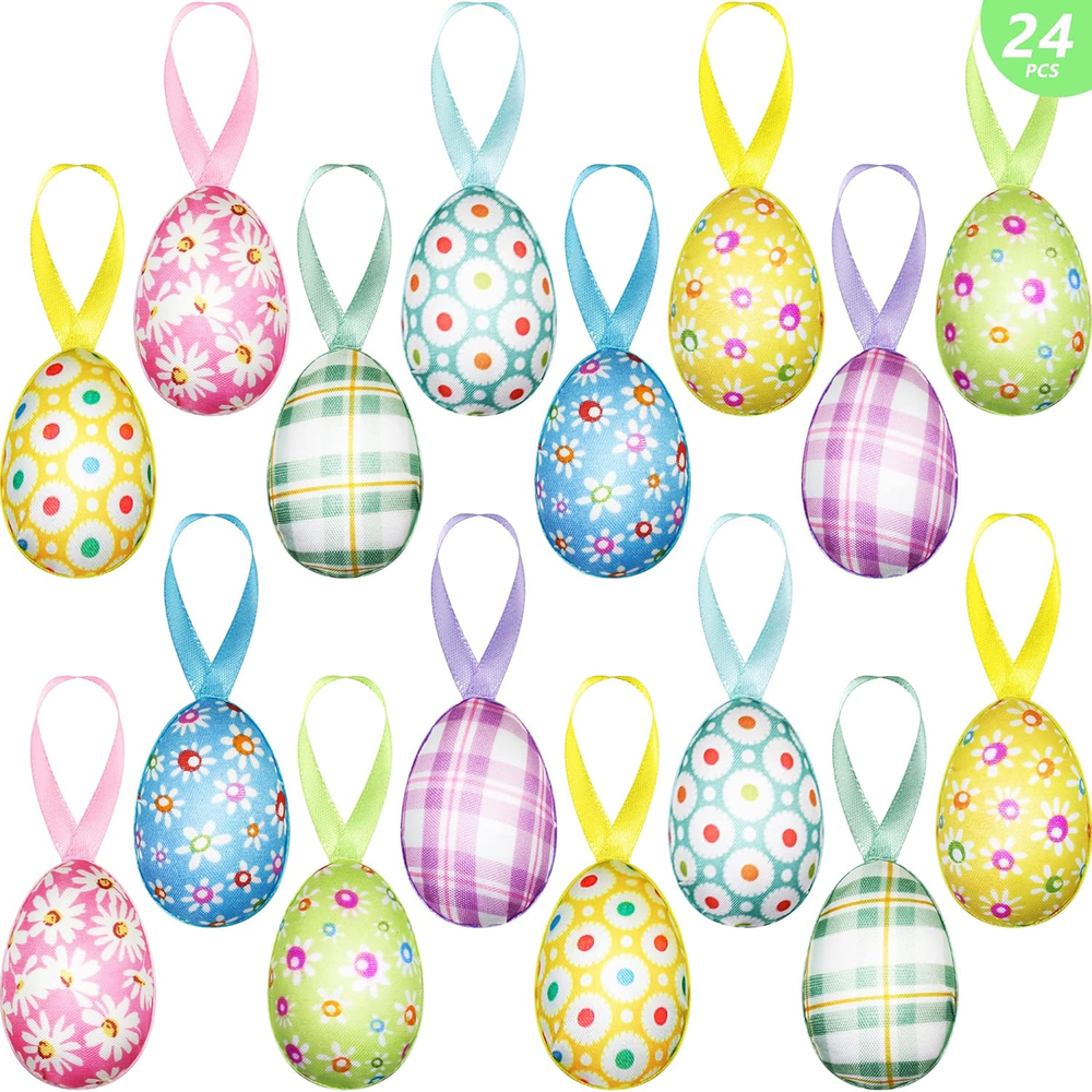 24 PCS Easter Eggs Hanging Ornaments, Buffalo Plaid Dots Easter Hanging Eggs, Ea