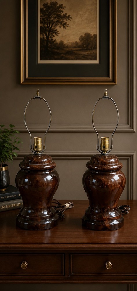 Vintage MCM Dark Brown Ceramic Ginger Jar Table Lamps Pair Leviton Hardware 23