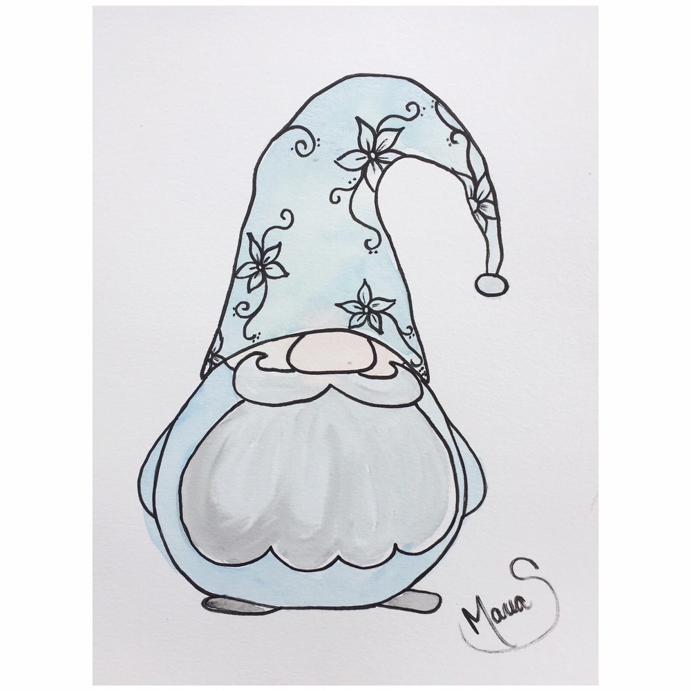 Maria Scalf Gnome Garden Flower Floral Blue ORIGINAL PAINTING  Watercolor 9x12