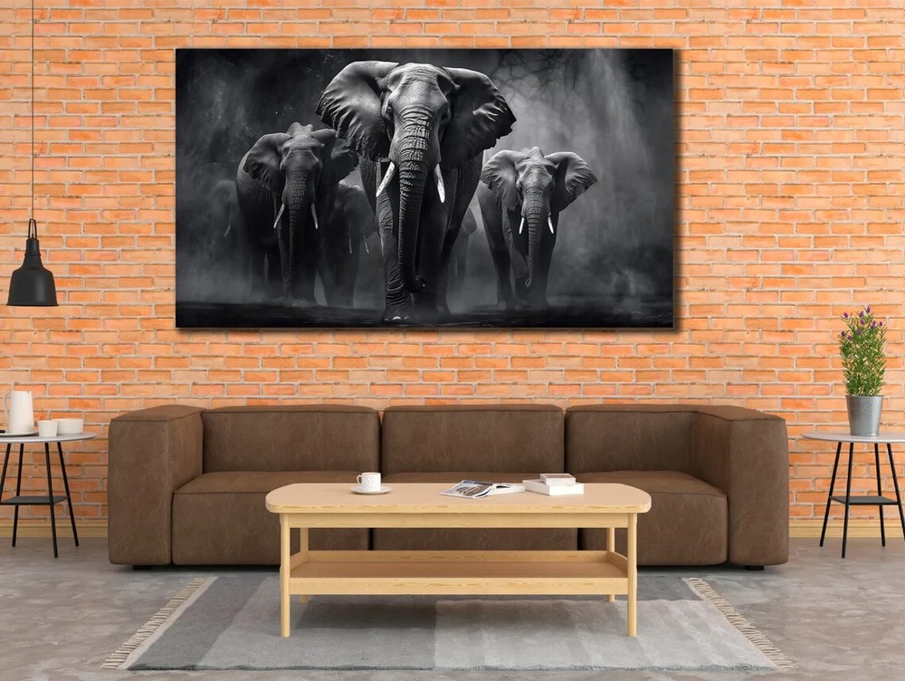 Black & White Elephant Family Abstract Wall Art Canvas Unframed Print Art