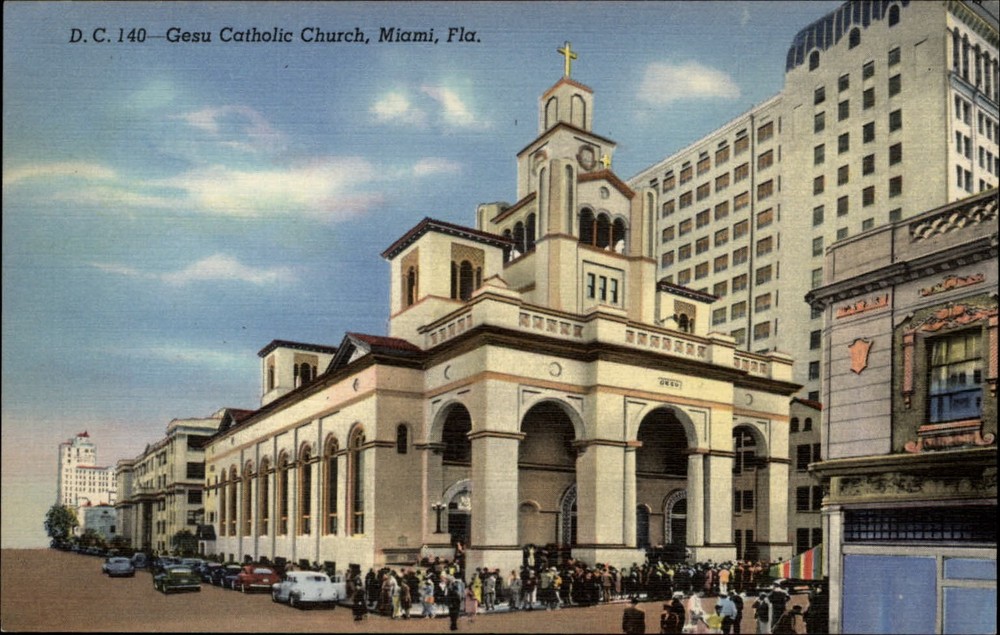 Gesu Catholic Church Miami Florida cross vintage cars ~ 1940s linen postcard