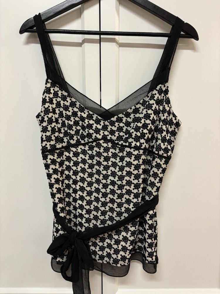 NWOT Ann Taylor 100% Silk Embellished Cami Top Women’s Size 8 Black Ivory Belted