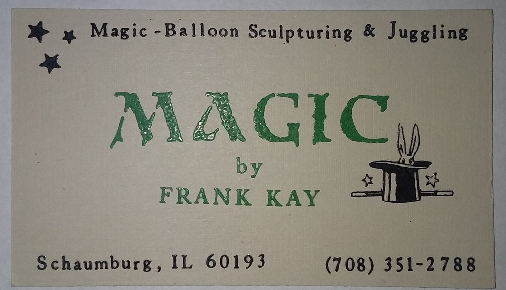 Frank Kay magician business card from Schaumburg, Illinois; balloons, juggling