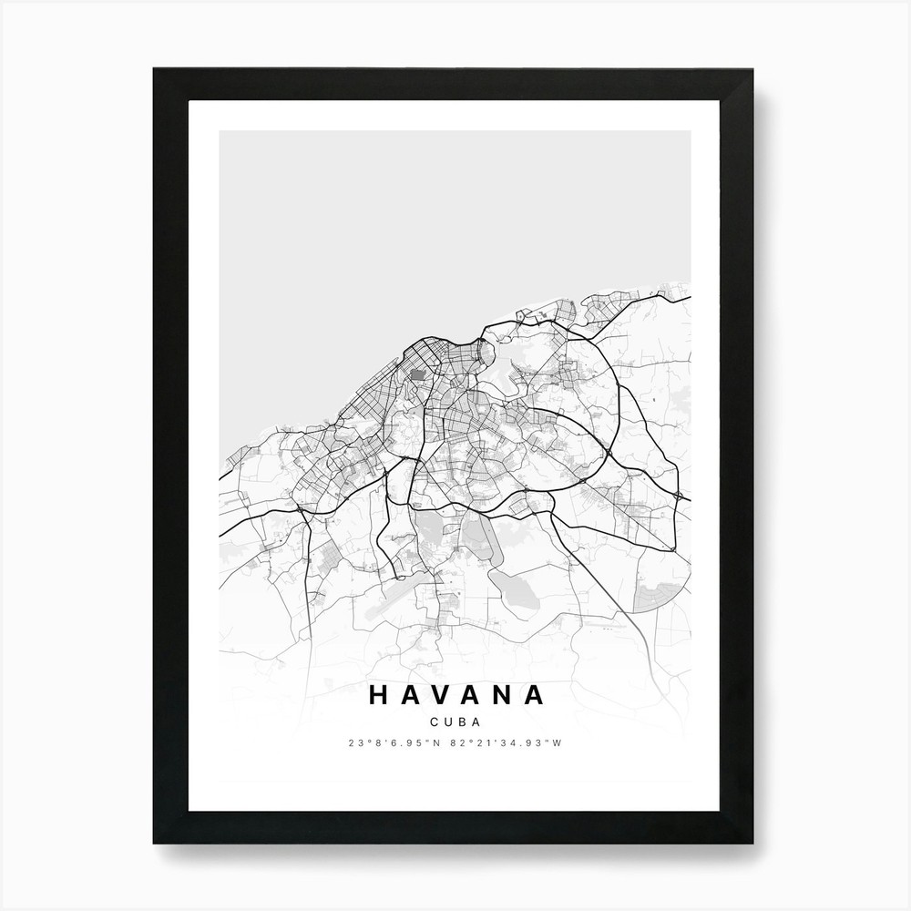 Havana Cuba White Map Art Print Framed Wall Art Poster Canvas Print Picture