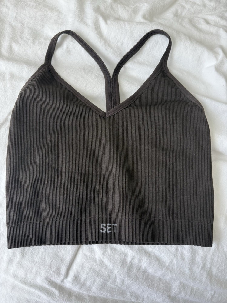 SET ACTIVE SCULPTFLEX RIBBED TANK SPORTS BRA ESPRESSO SIZE S