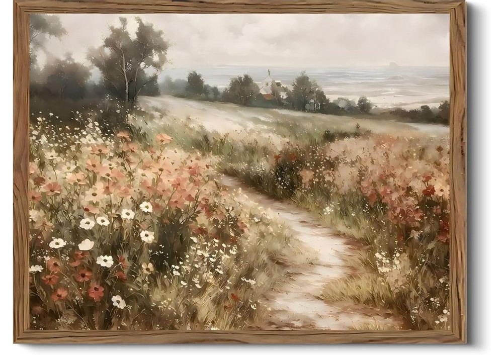 Wildflower Meadow Canvas Wall Art Farmhouse Cottage Decor Wood Framed Ready