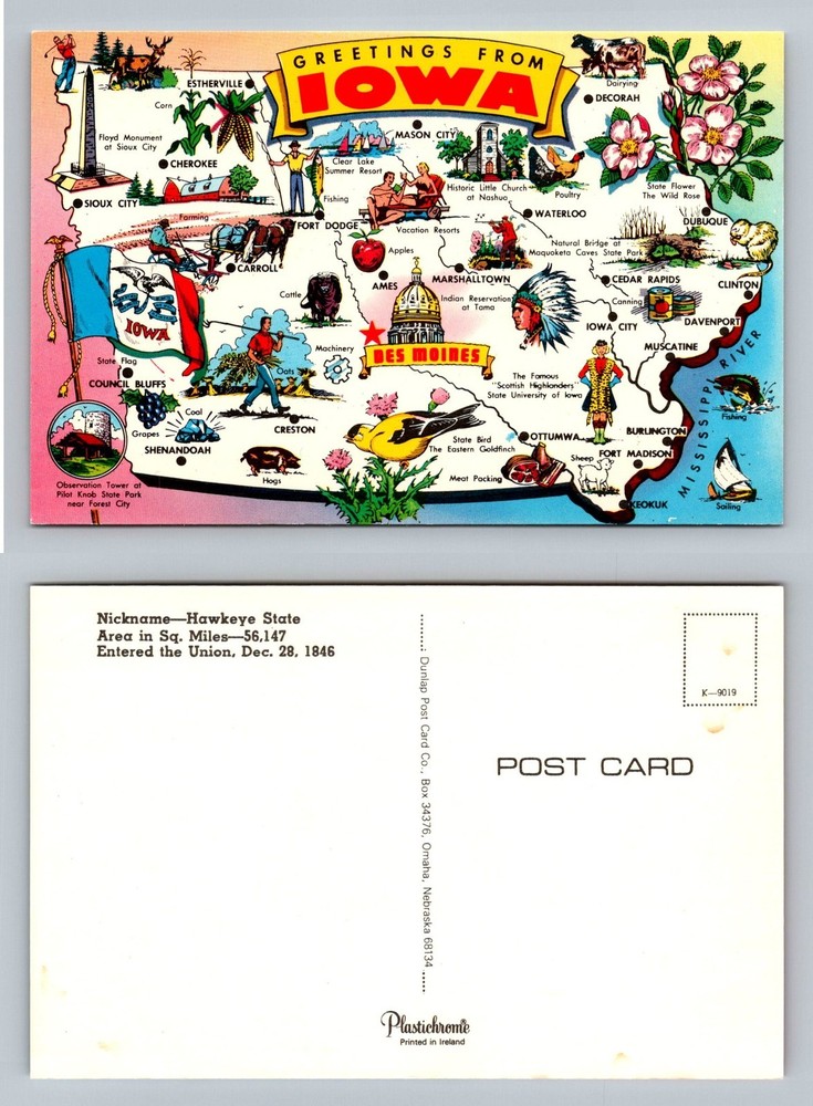 Des Moines, IA-Iowa, Greetings from Iowa Hawkeye State Map Vintage Postcard