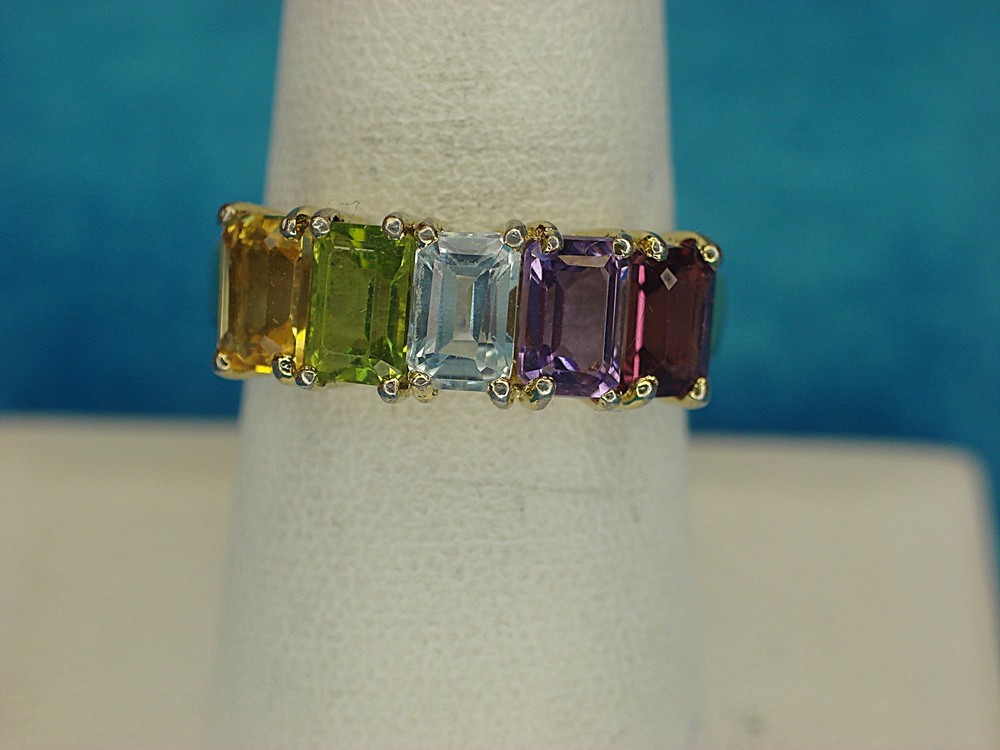 Sterling Silver Ring W/Gold Vermeil - W/ 5 Fiff. Col. Stones - Size 8