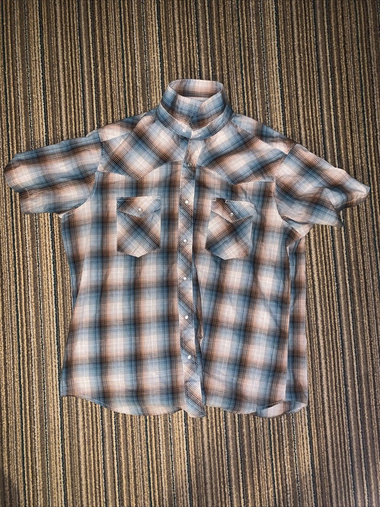 Wrangler Western Shirt Men's XL Plaid Short Sleeve Pearl Snap Blue Brown