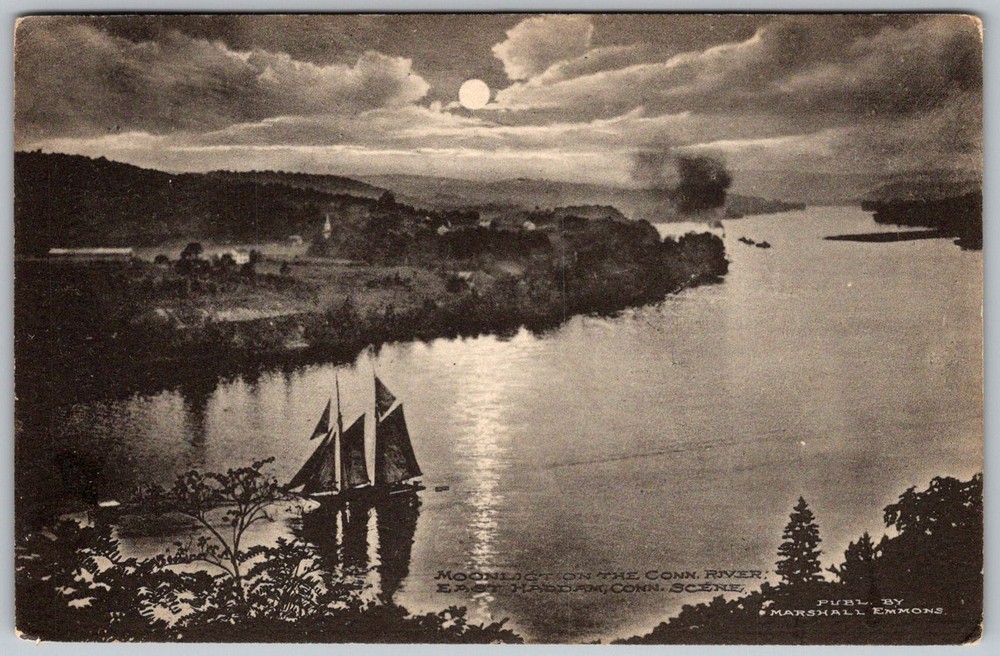 Antique Postcard Moonlight Schooner Scene Haddam, CT 1910s