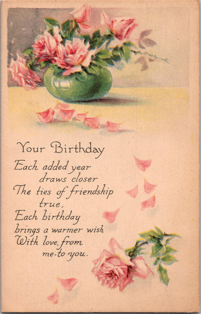 Vintage Postcard Delicate Pink Roses Vase Birthday Greeting