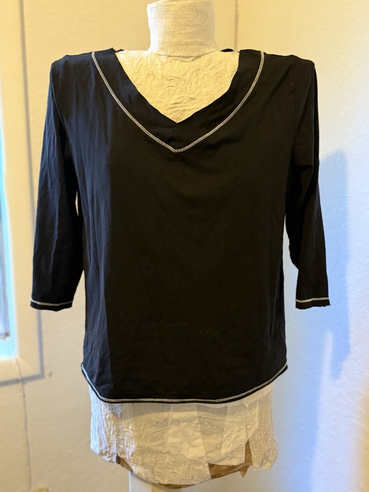 Spia by Chico's Black Solid Contrast Trim V-Neck 3/4 Sleeve Knit Top Sz 18