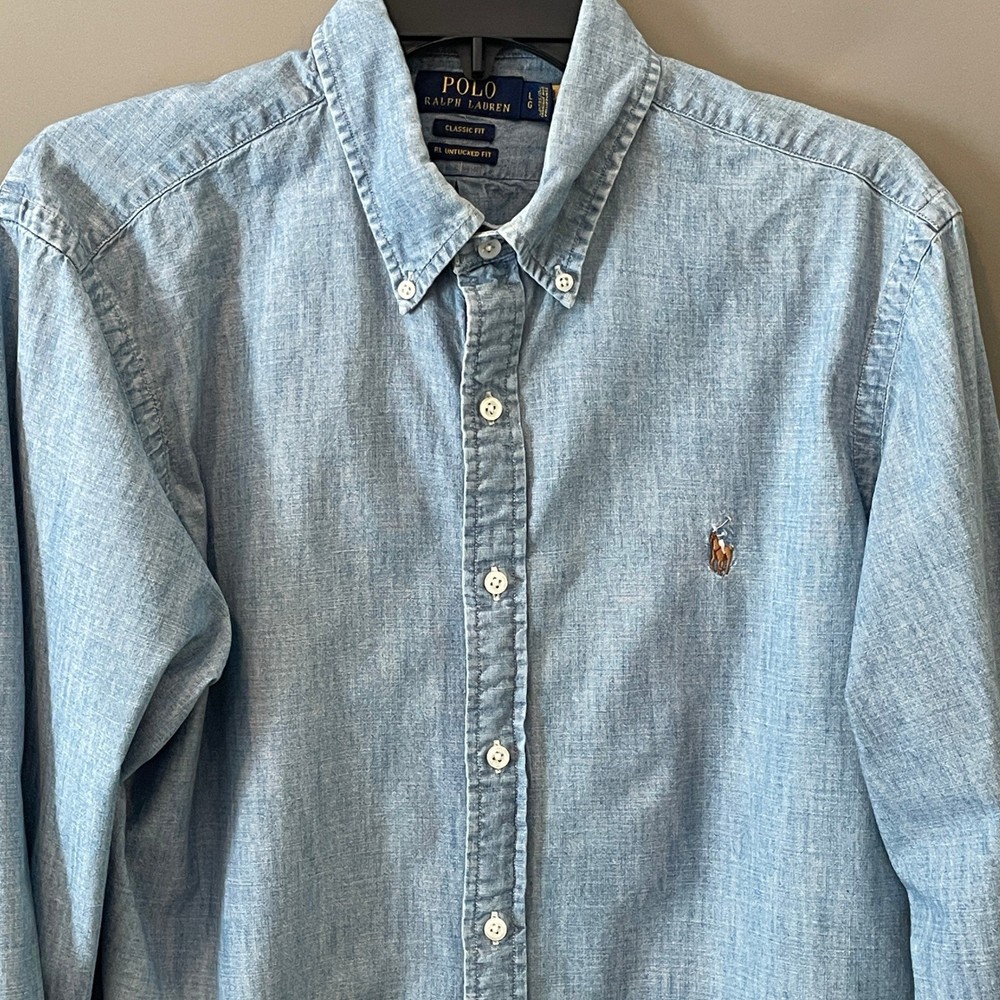 Polo Ralph Lauren Mens Chambray Button Down Shirt Classic RL Untucked Fit Blue L