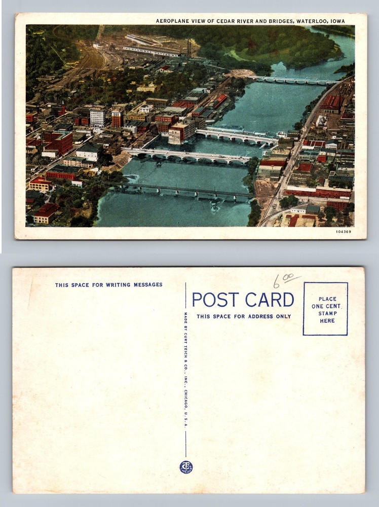 Waterloo, IA-Iowa, Aeroplane View Cedar River Bridges Downtown Vintage Postcard