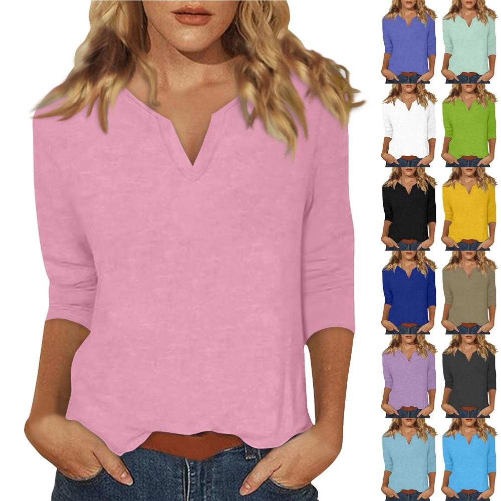 Women's Casual V-Neck 3/4 Sleeve Solid Color Summer T-Shirt Blouse