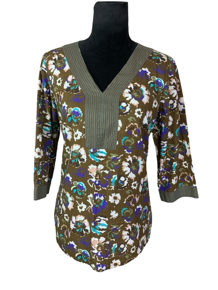 Boden UK10 US6 Floral V-Neck 3/4 Sleeve Embroidered Blouse 100% Cotton
