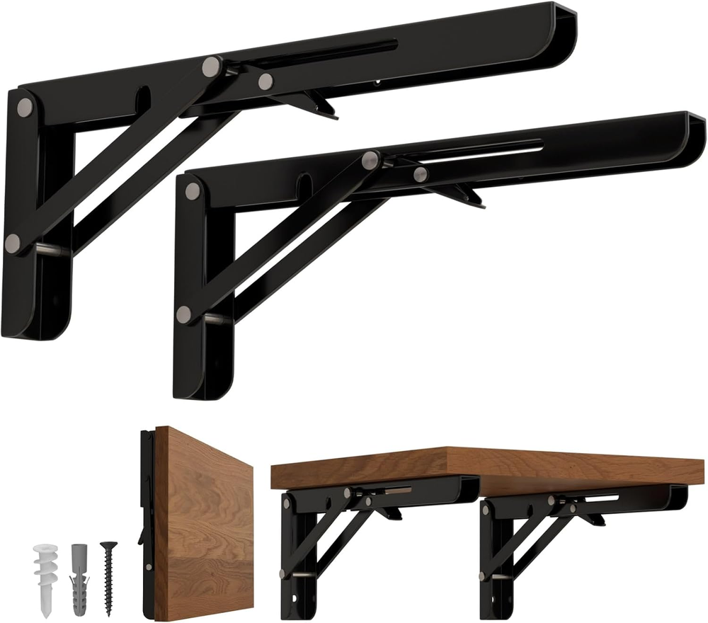 8 Inch Heavy Duty Wall Mount Folding Shelf Brackets 2-Pack Black  