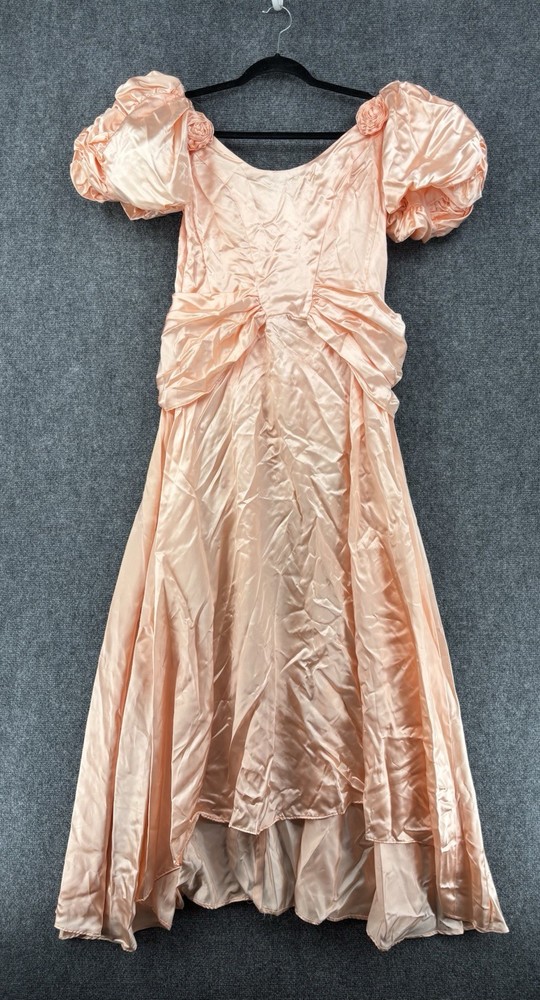 VINTAGE 80’s 90’s Peach Satin Bridesmaid Prom Dress Puff Sleeves Women’s 10 Bow