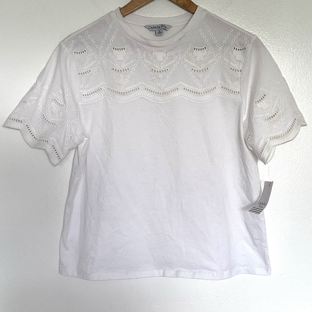 NWT Ophelia Roe Shirt Women’s Medium White Cotton Eyelet Short Sleeve Top