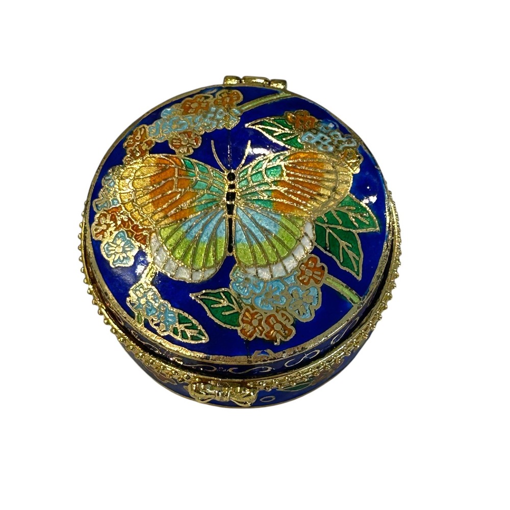 Vtg Cloisonné Round Dark Blue Enamel Butterfly Hinged Trinket/Pill Box Gold 2”