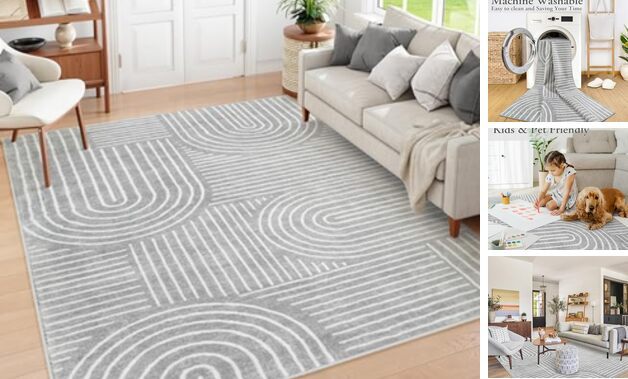 Non-Slip Washable 8x10 Abstract Grey/White Area Rug for Living Spaces-image