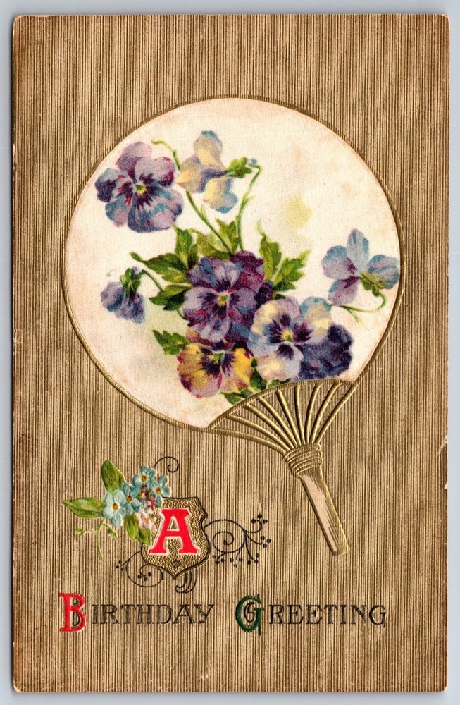 Greetings~Purple Pansies On Fan Birthday Greeting~Vintage Postcard