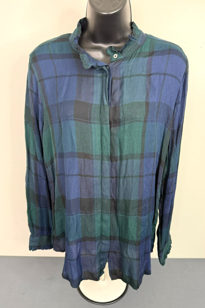 Loft Women's Plaid Button Front Long Sleeve Top Blue Green Size Large Preppy