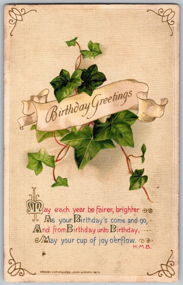 Antique Postcard Ivy Birthday Greetings 1910s