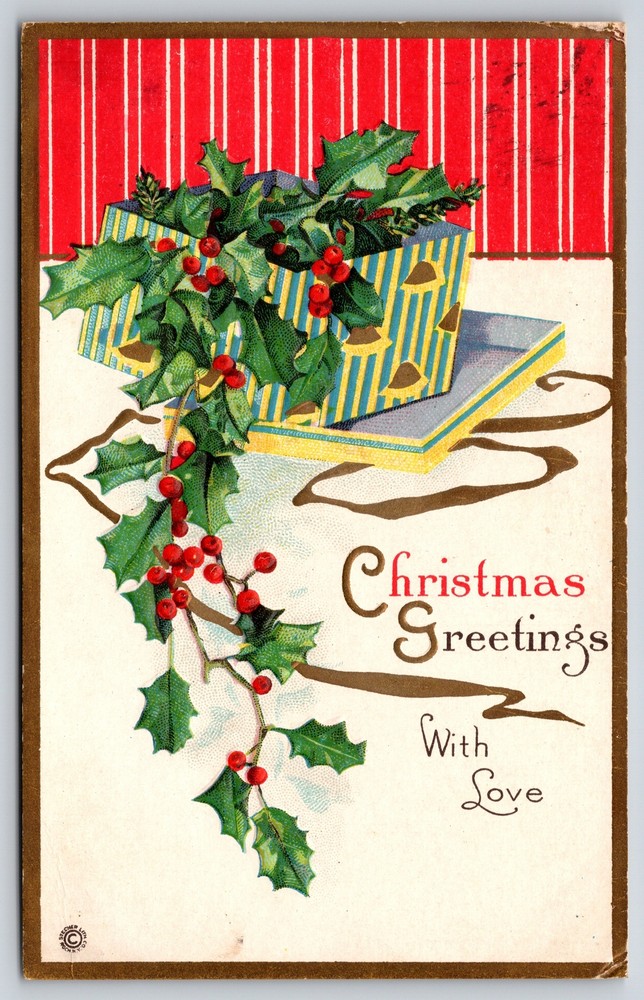 Christmas~Art Deco~Gift Box Full Of Holly Berry~Gold~Emboss~Stecher 653C~1920 PC